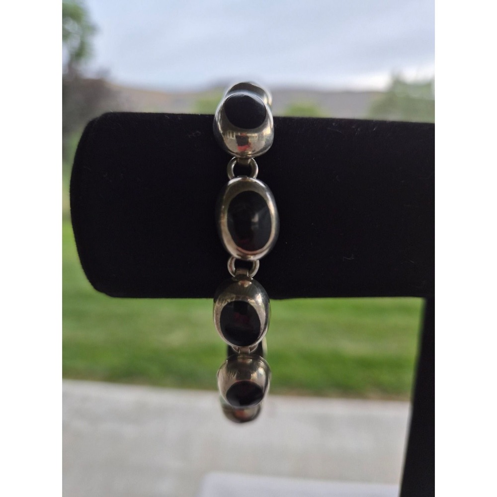 Vintage Mexico 925 Sterling Silver Black Onyx Oval Link Bracelet 1.27oz 6.75in